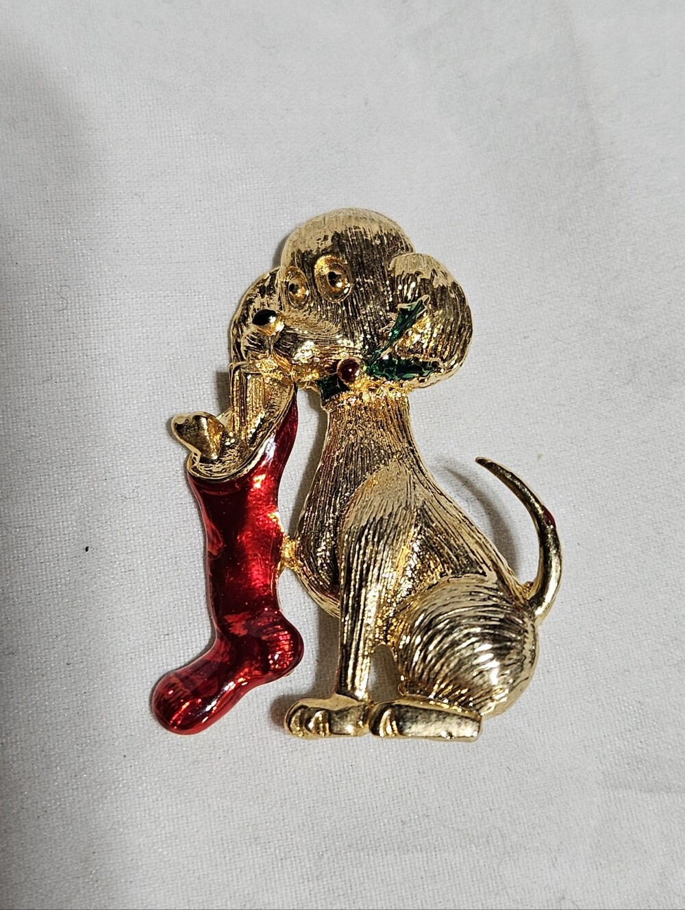 Vintage Gerry's Signed Gold Tone Christmas Puppy Dog Red Stocking Brooch Pin